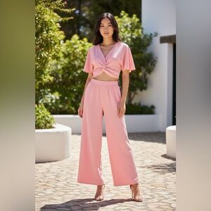 Zenana Woven Airflow Twisted Crop Top & Wide Leg Pants Set (Pink)